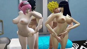 Hinata y Sakura Anal Folladas Juntas Por Sus Maridos Naruto Hentai Sexo en Familia